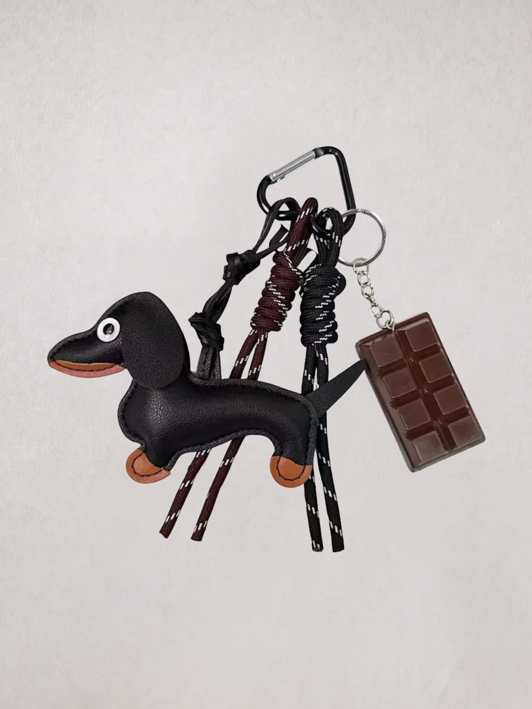 Dachshund Charm keychain in black, with chocolate bar charm, product shot