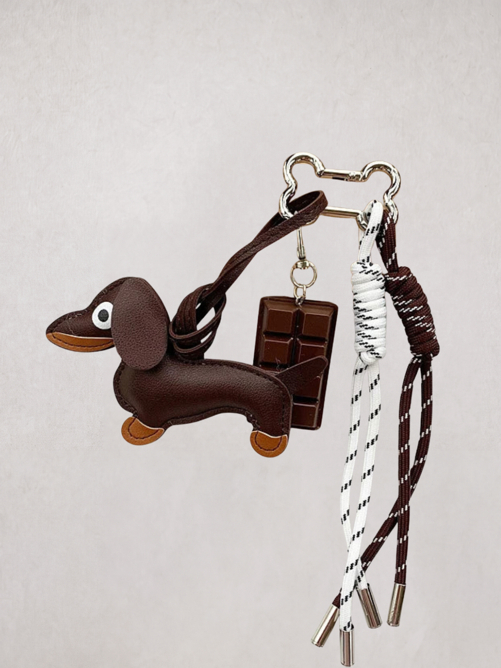Dachshund Charm keychain in coffee brown, with chocolate bar charm, product shot