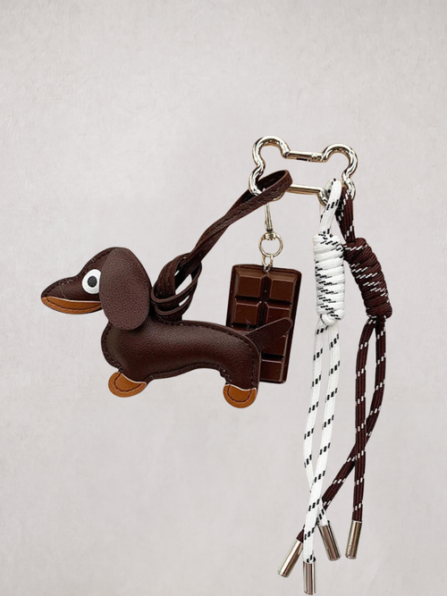 Dachshund Charm keychain in coffee brown, with chocolate bar charm, product shot