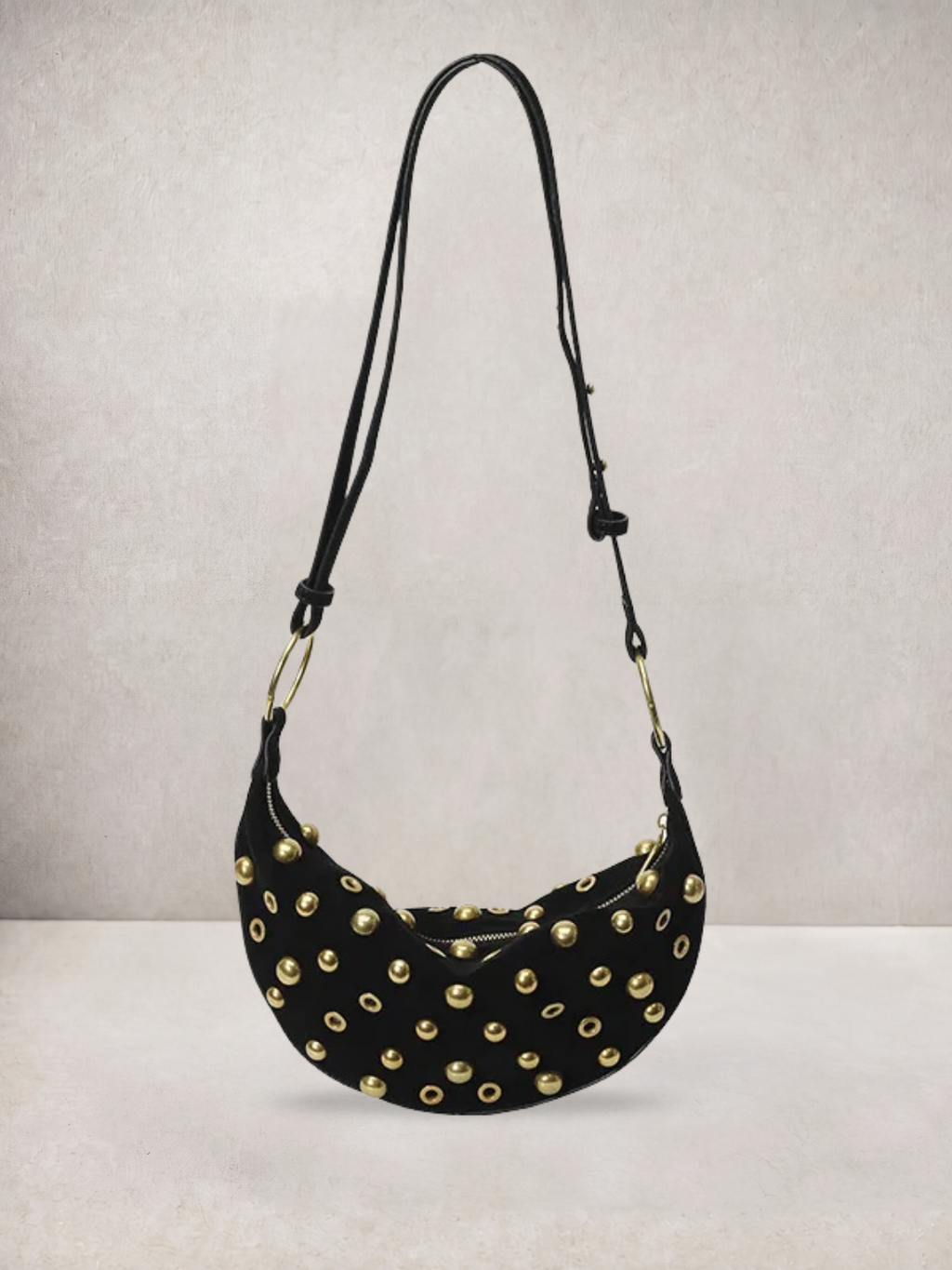 L'Anya bag in black vegan leather with gold stud details, front view