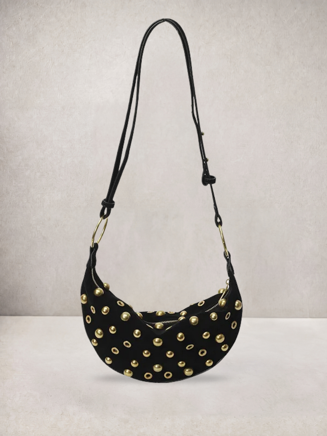 L'Anya bag in black vegan leather with gold stud details, front view