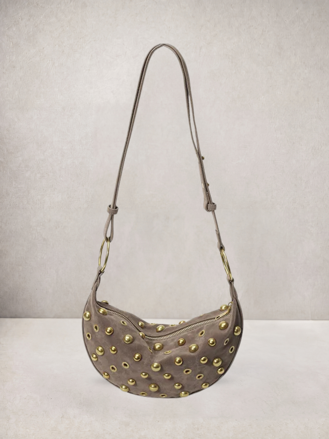 L'Anya bag in camel vegan leather with gold stud details, front view