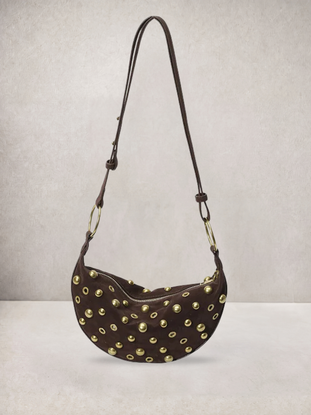 L'Anya bag in coffee vegan leather with gold stud details, front view