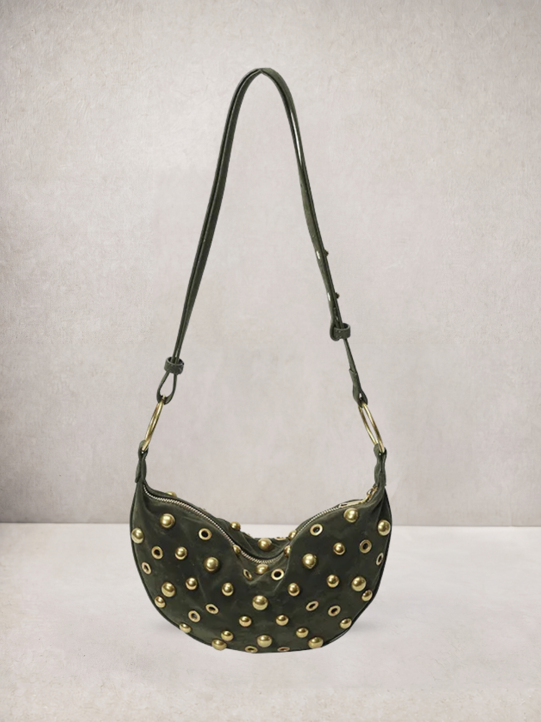 L'Anya bag in olive green vegan leather with gold stud details, front view