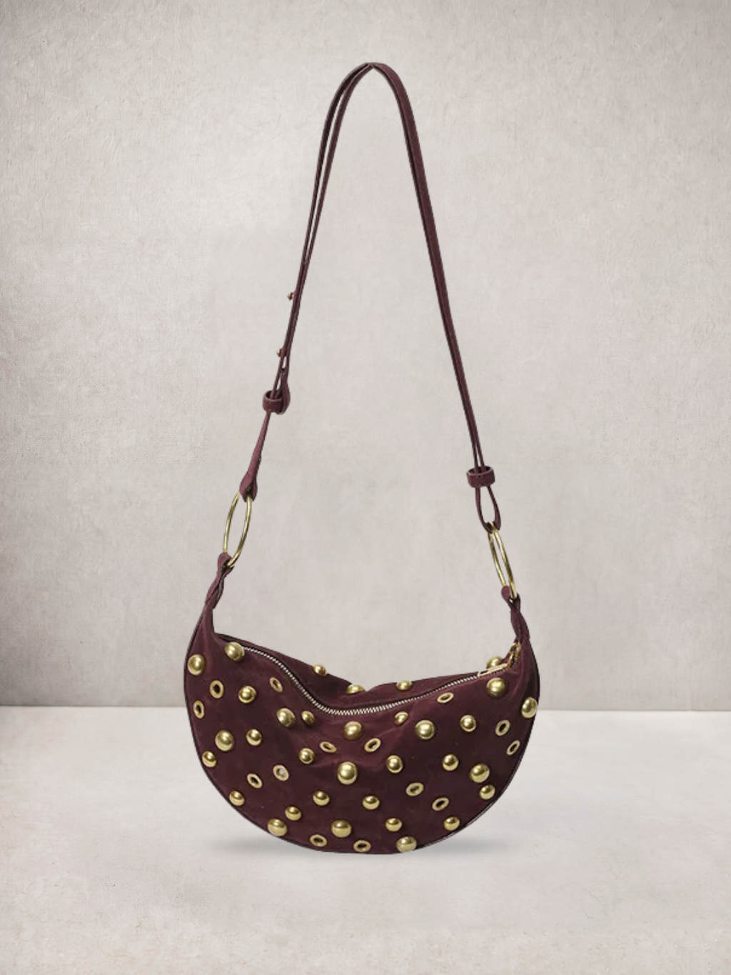 L'Anya bag in wine red vegan leather with gold stud details, front view