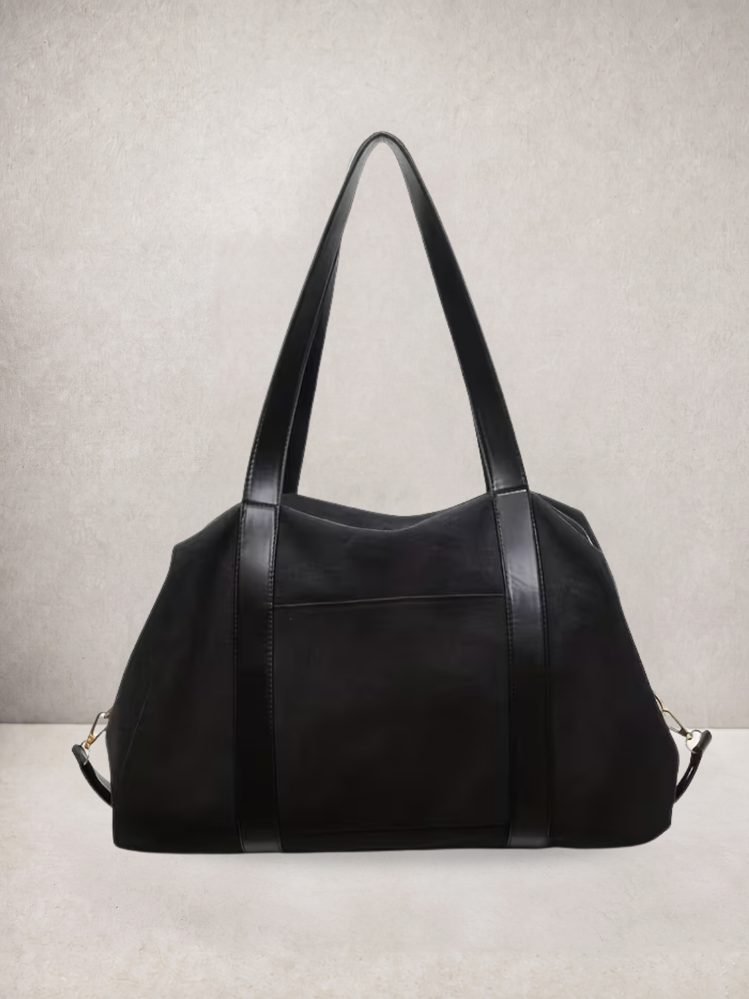 Le Meline tote bag in black canvas with black leather straps, front view