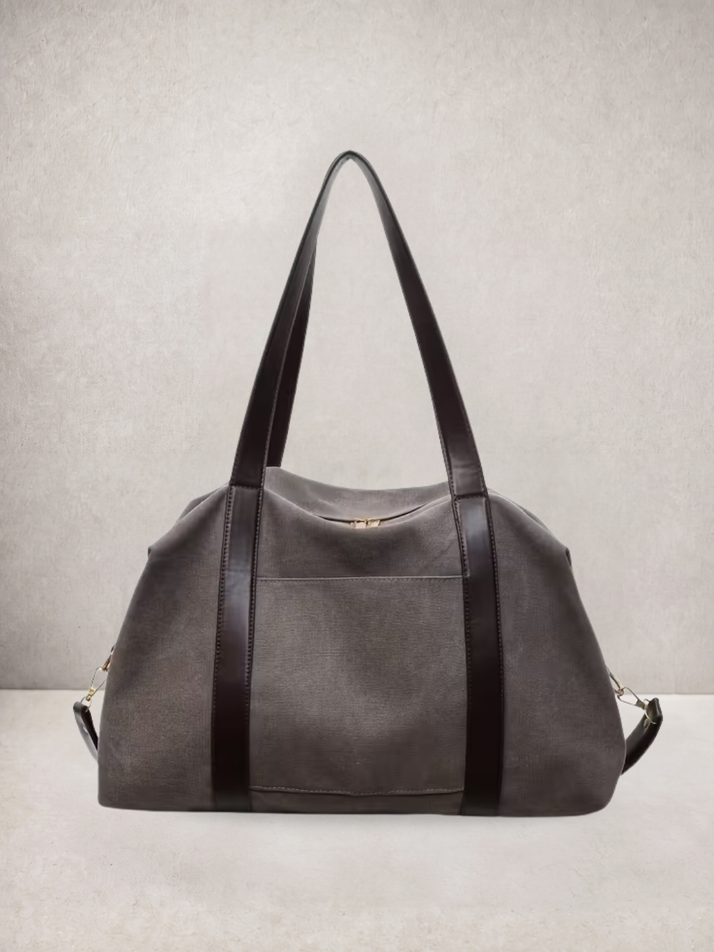 Le Meline tote bag in grey canvas with dark leather straps, front view