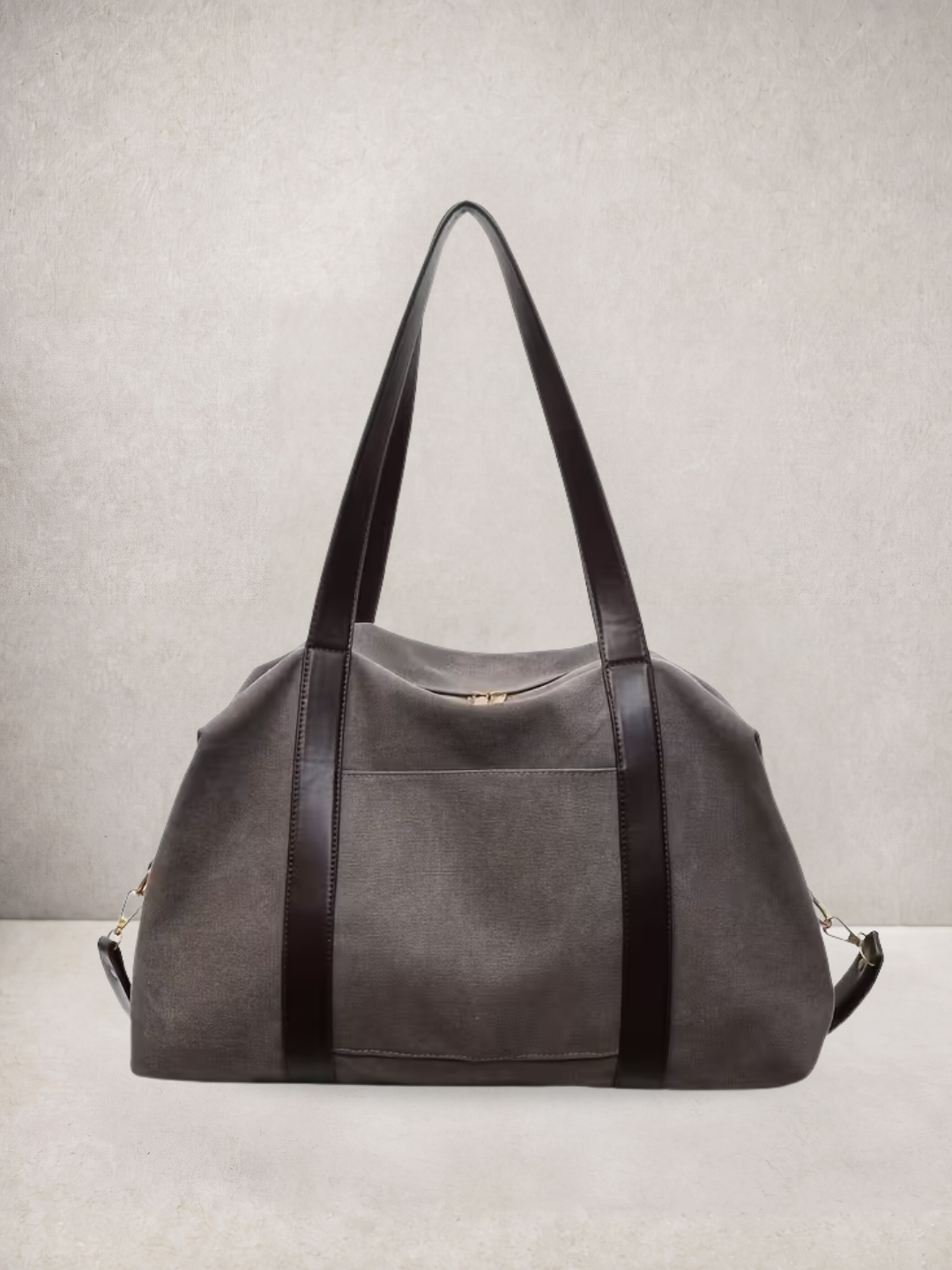 Le Meline tote bag in grey canvas with dark leather straps, front view