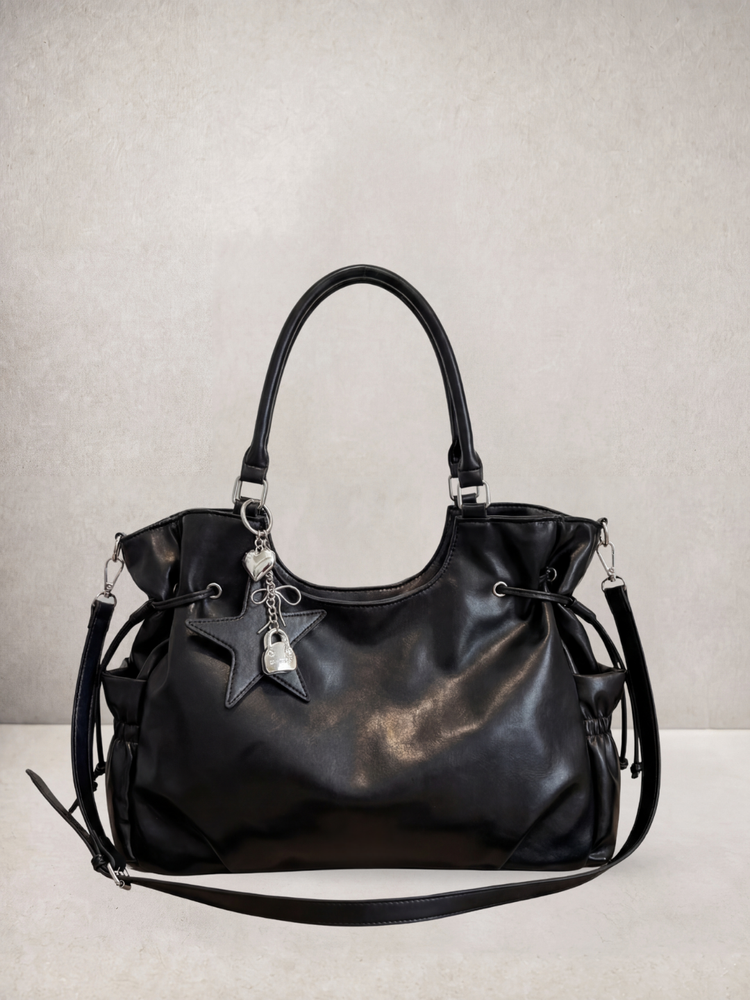 Le Nova tote bag in black vegan leather, front view
