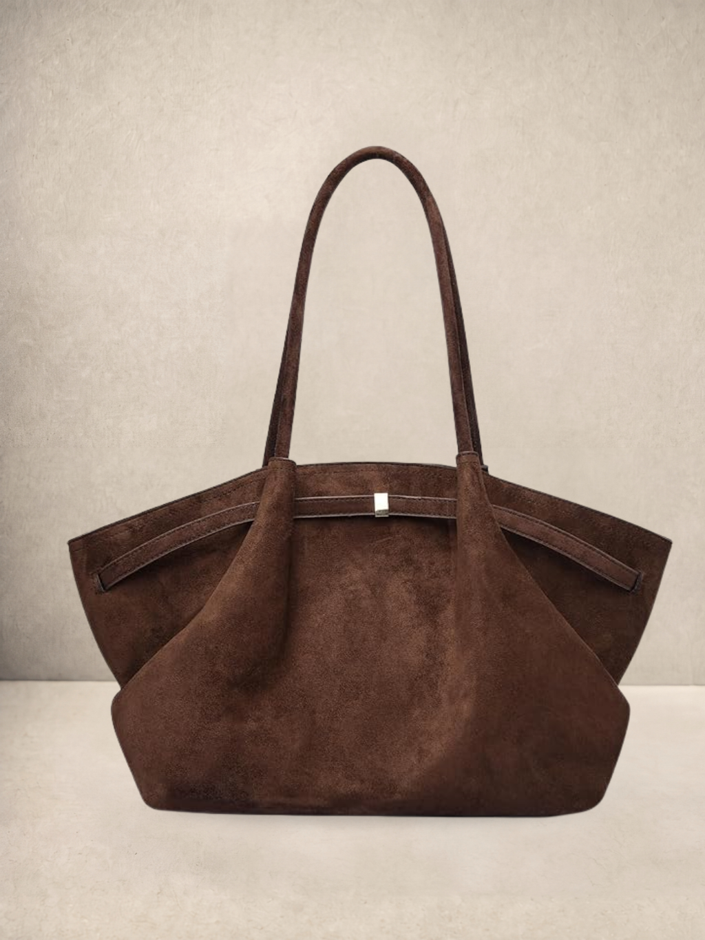 Le Orsay tote bag in coffee suede-feel vegan leather, alternate front view