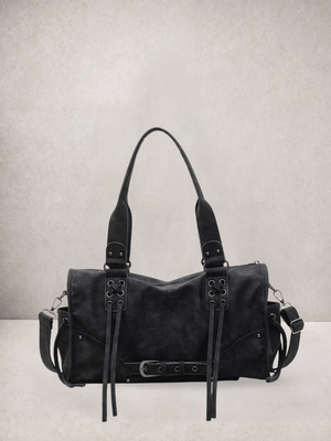 Le Stormie tote bag in black vegan leather with fringe tassel straps, front view