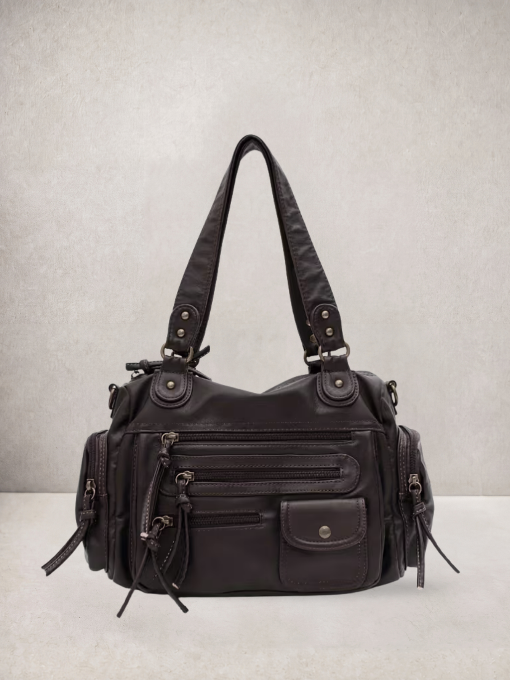 Le Vienne tote bag in dark brown vegan leather, alternate front view
