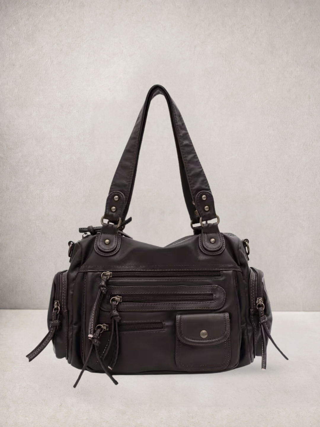 Le Vienne tote bag in dark brown vegan leather, alternate front view
