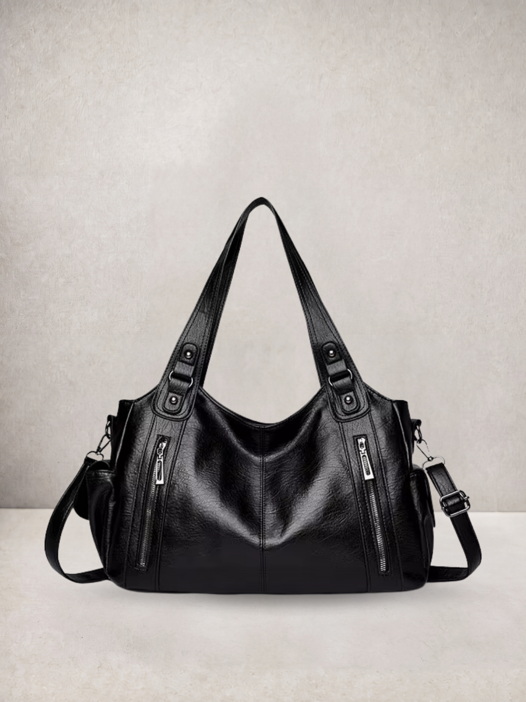 L'Elyn tote bag in black vegan leather, alternate front view
