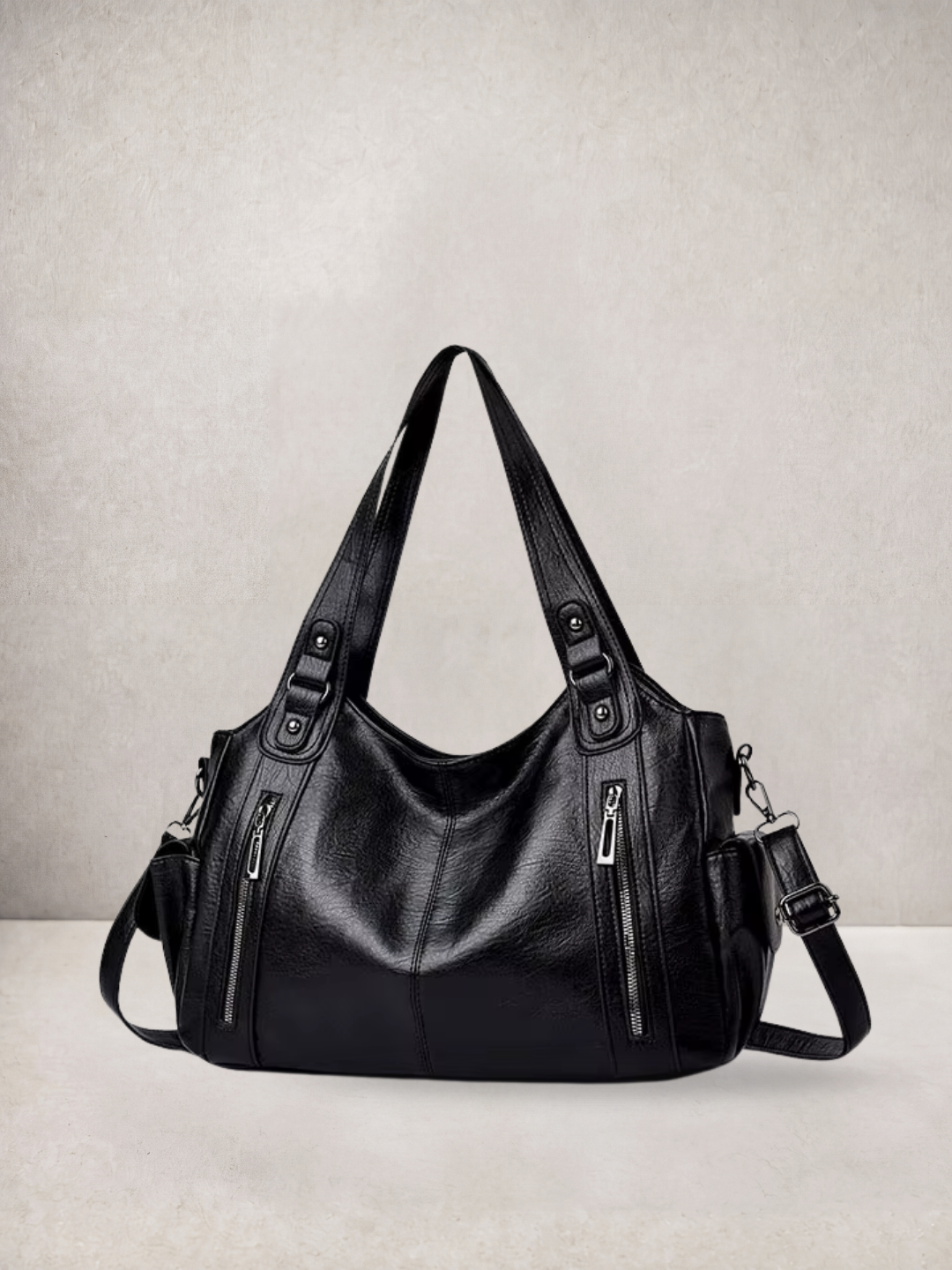L'Elyn tote bag in black vegan leather, front view