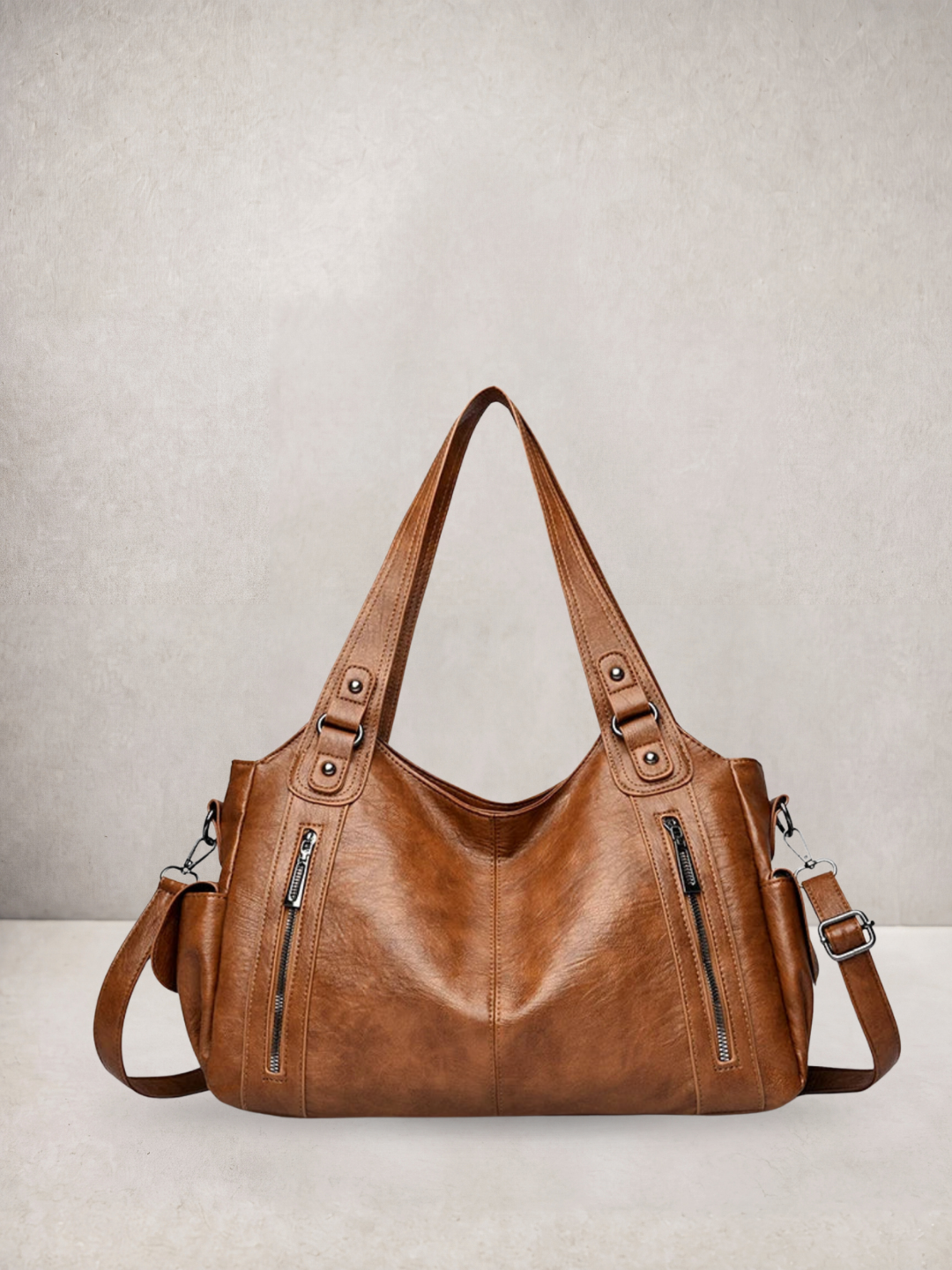 L'Elyn tote bag in camel vegan leather, front view