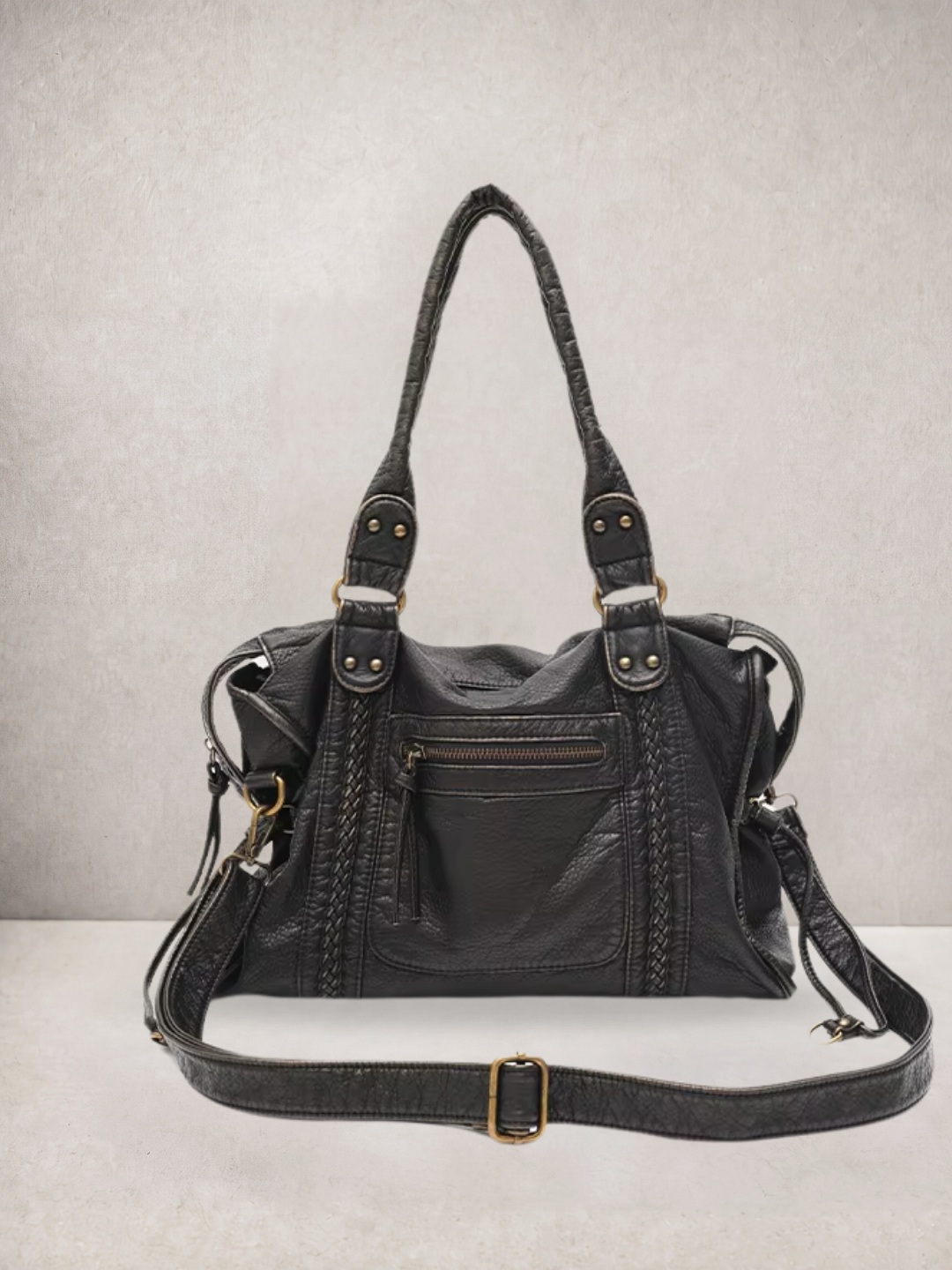 Le Rogue tote bag in black vegan leather, alternate front view