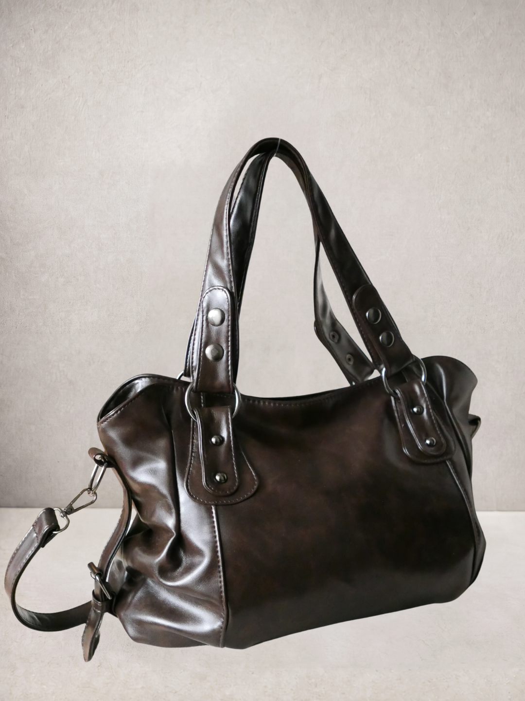 Le Sienne tote bag in coffee vegan leather, three-quarter view